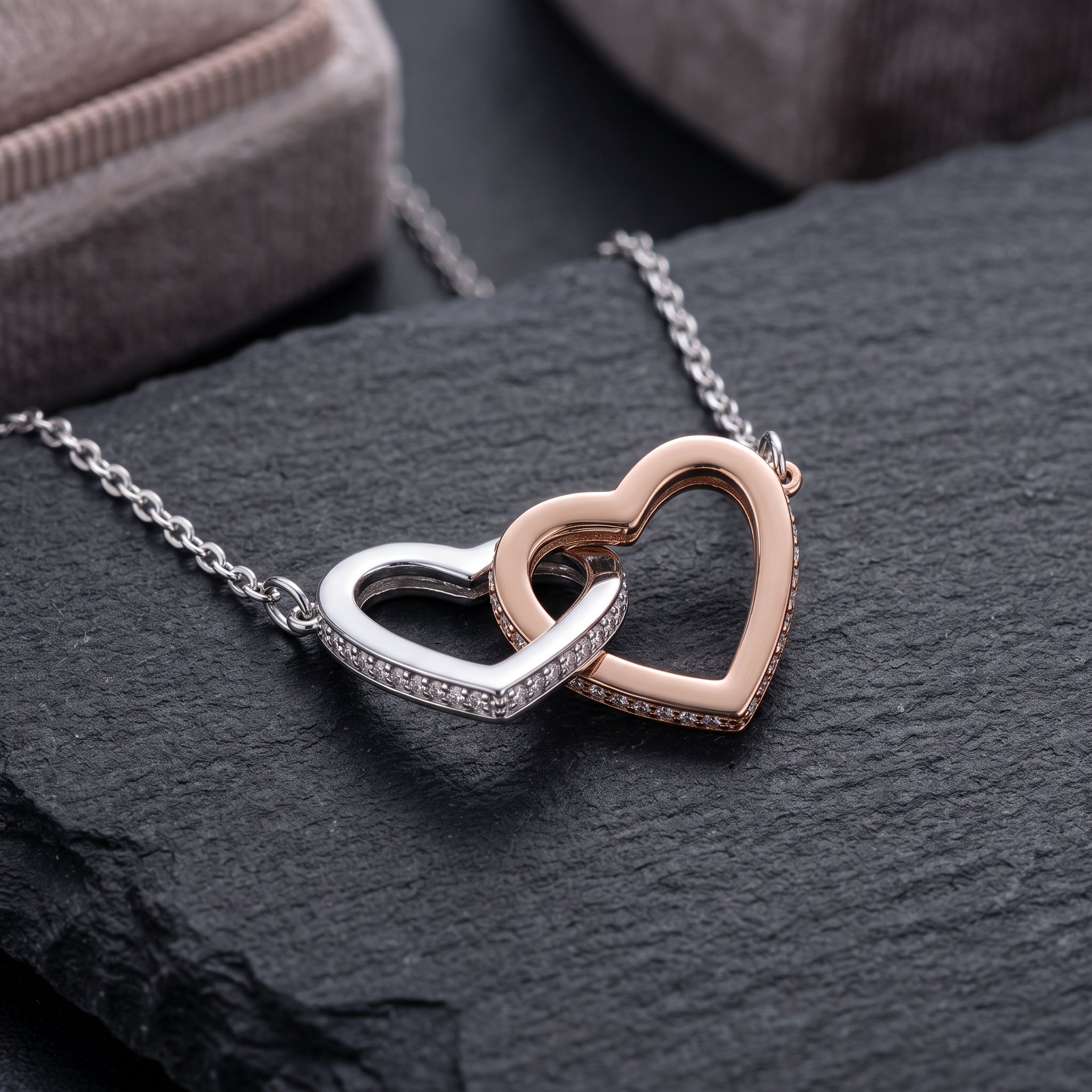 Interlocking Hearts Necklace – Rose Gold & CZ Crystal Gift for Her