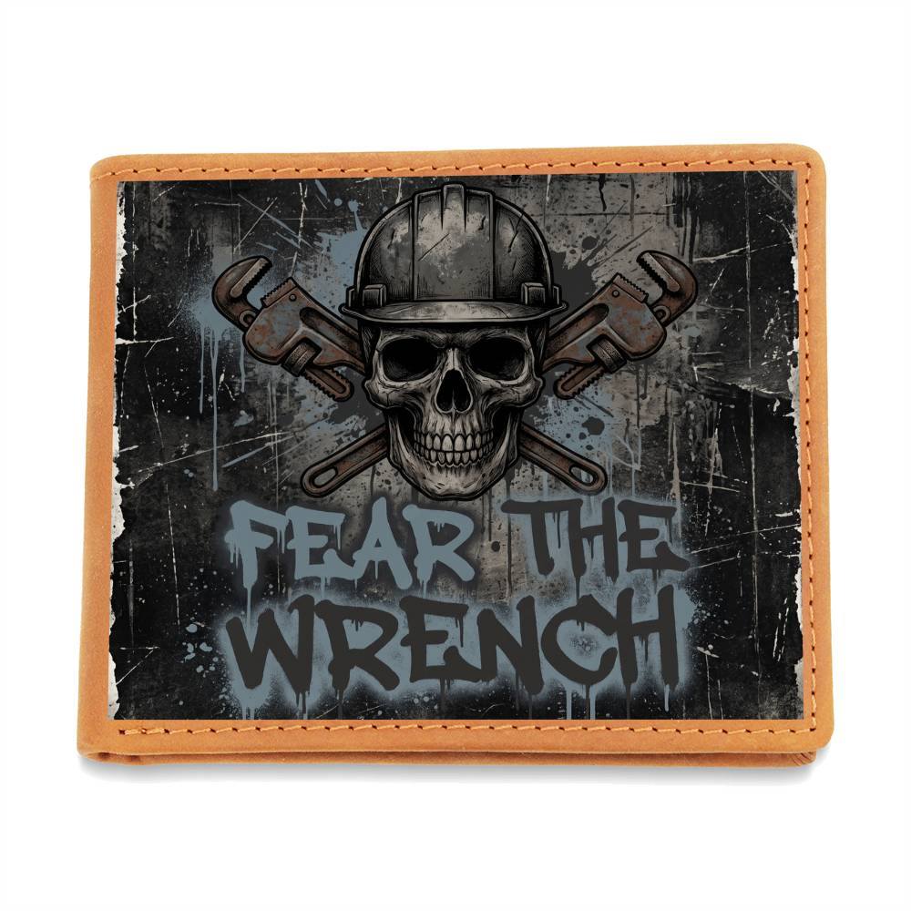 Fear the Wrench Leather Wallet — Custom Plumber Gift for Him