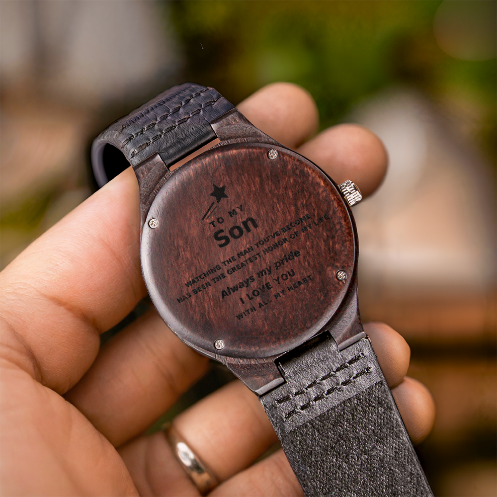 Custom Wooden Watch for Son – Engraved Sandalwood, Leather band