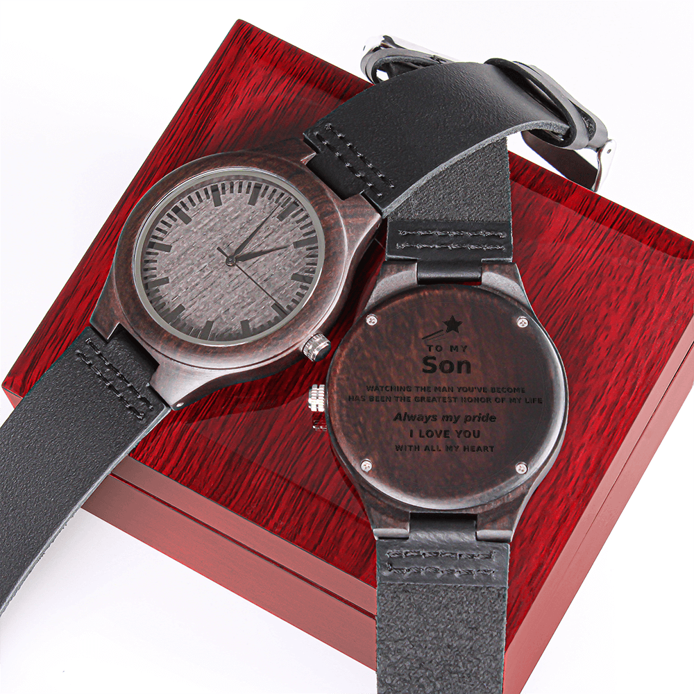 Custom Wooden Watch for Son – Engraved Sandalwood, Leather band
