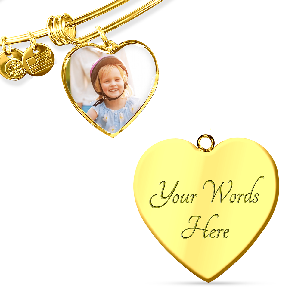 Custom Photo Heart Bangle – Upload Your Own Photo, Engraved Charm