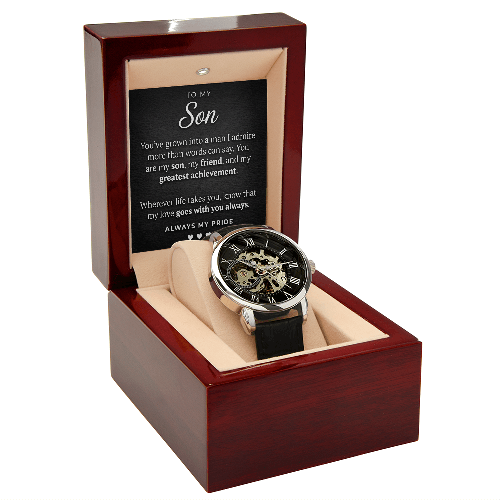 Openwork Automatic Watch for Son – Genuine Leather, Gift Boxed