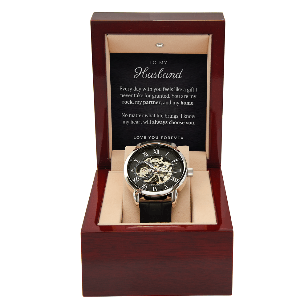 Openwork Automatic Watch for Husband – Genuine Leather, Gift Boxed