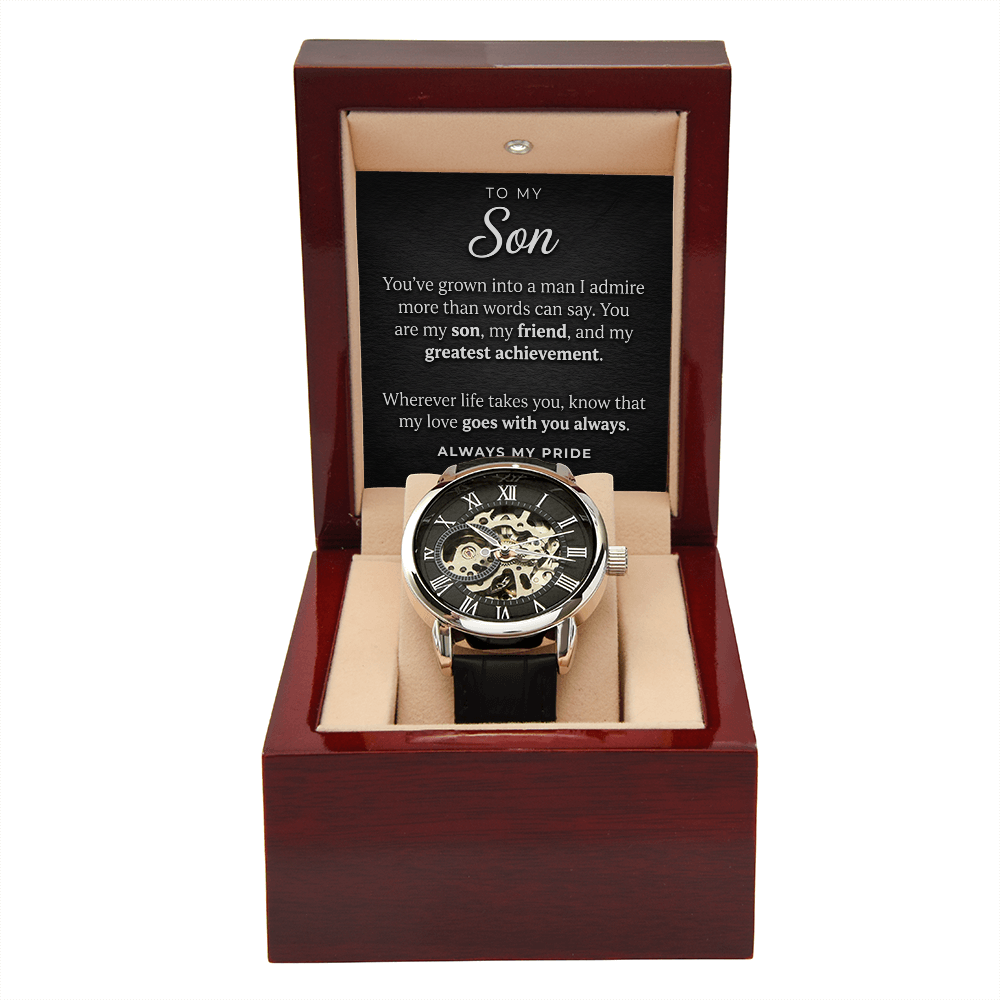 Openwork Automatic Watch for Son – Genuine Leather, Gift Boxed