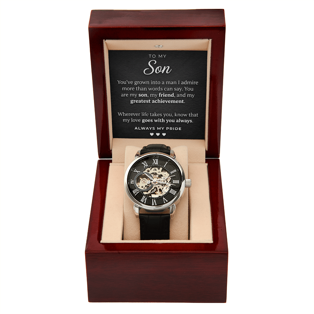 Openwork Automatic Watch for Son – Genuine Leather, Gift Boxed
