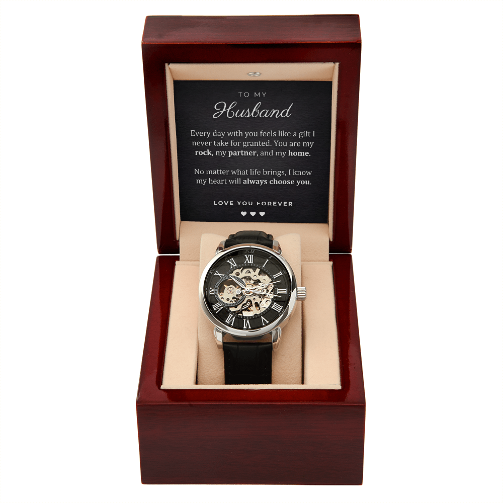 Openwork Automatic Watch for Husband – Genuine Leather, Gift Boxed