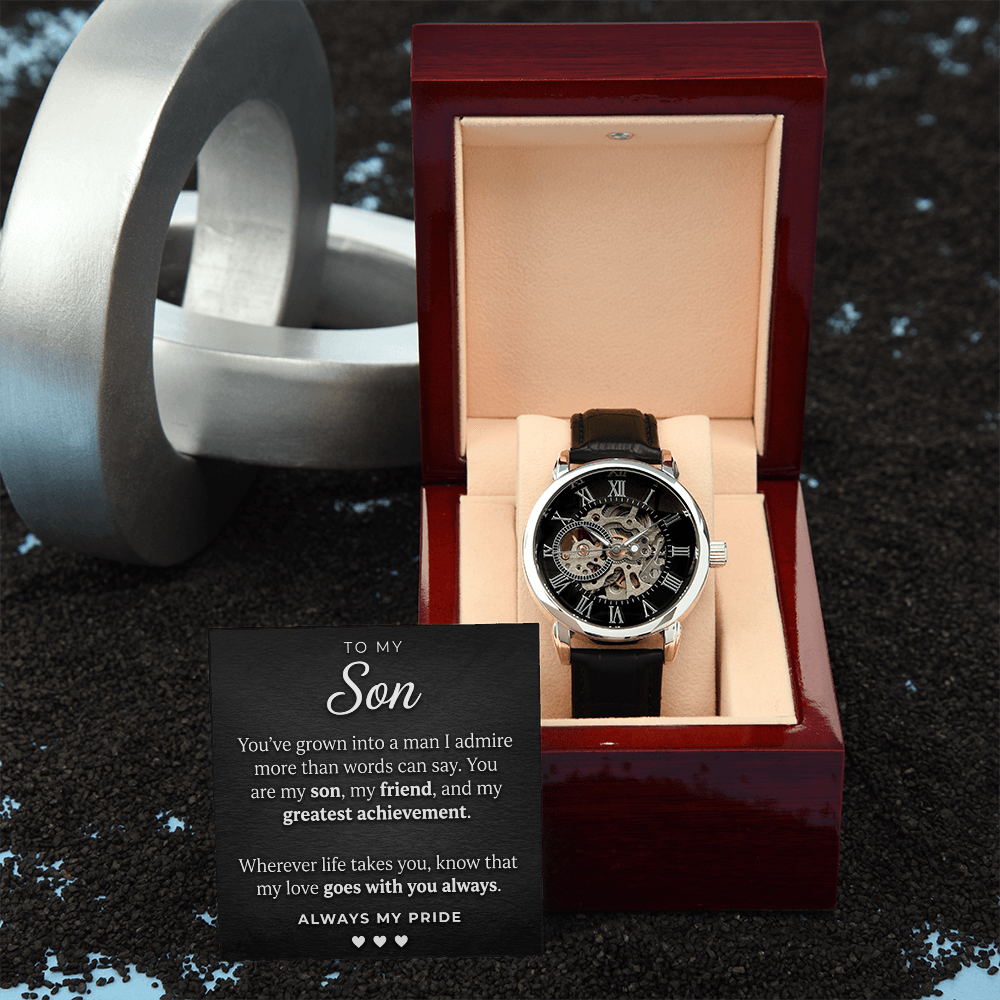 Openwork Automatic Watch for Son – Genuine Leather, Gift Boxed