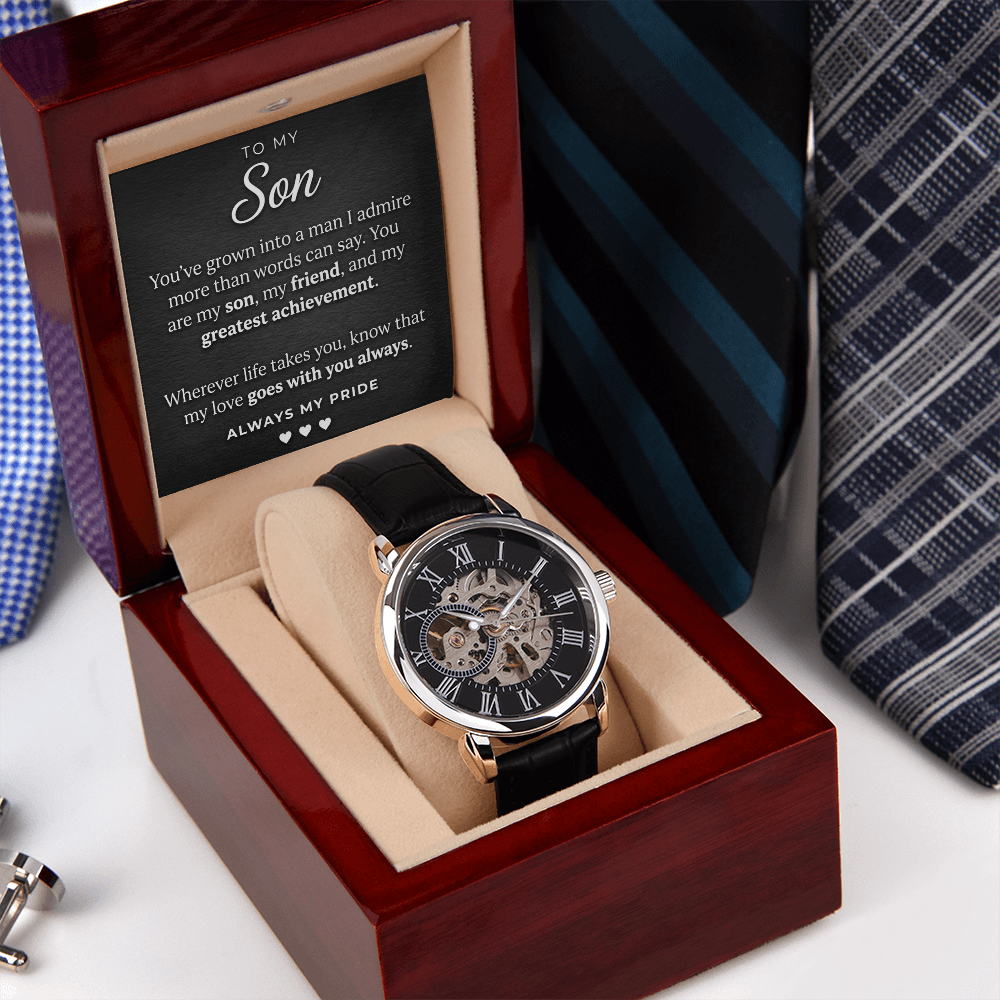 Openwork Automatic Watch for Son – Genuine Leather, Gift Boxed