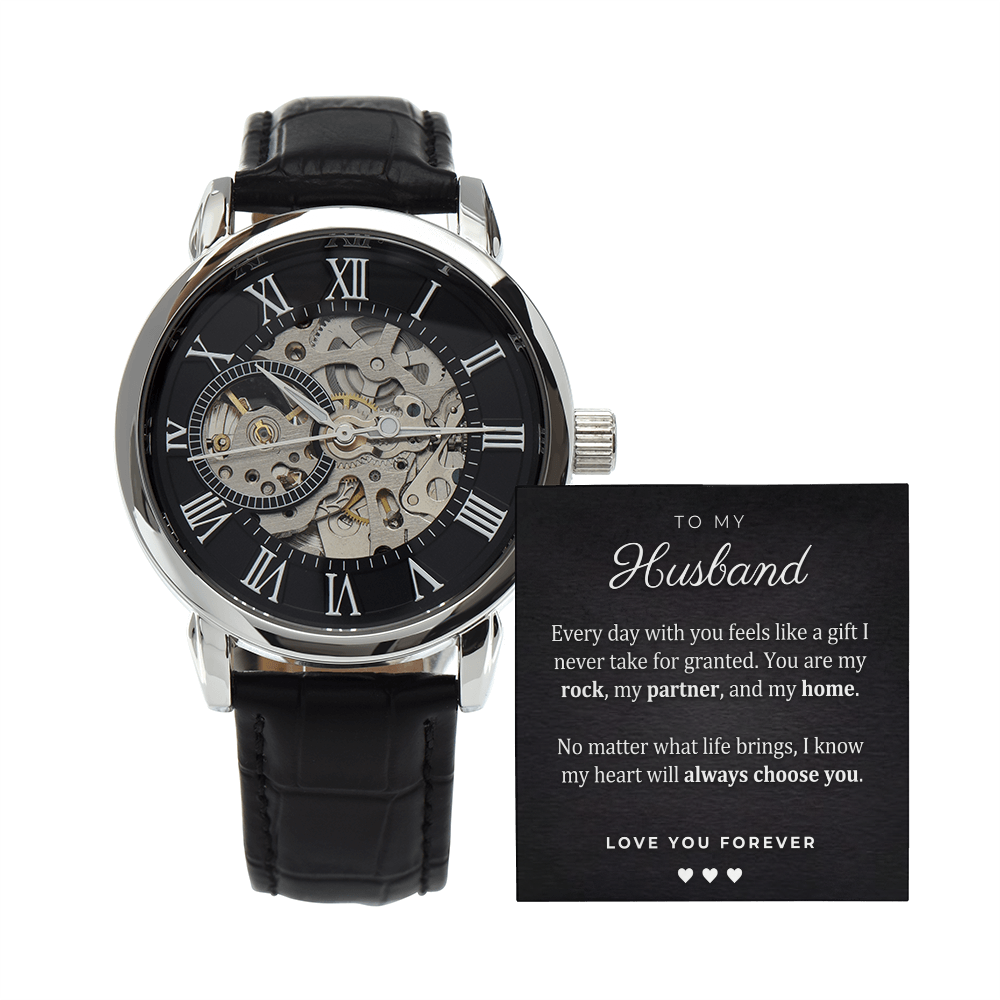 Openwork Automatic Watch for Husband – Genuine Leather, Gift Boxed
