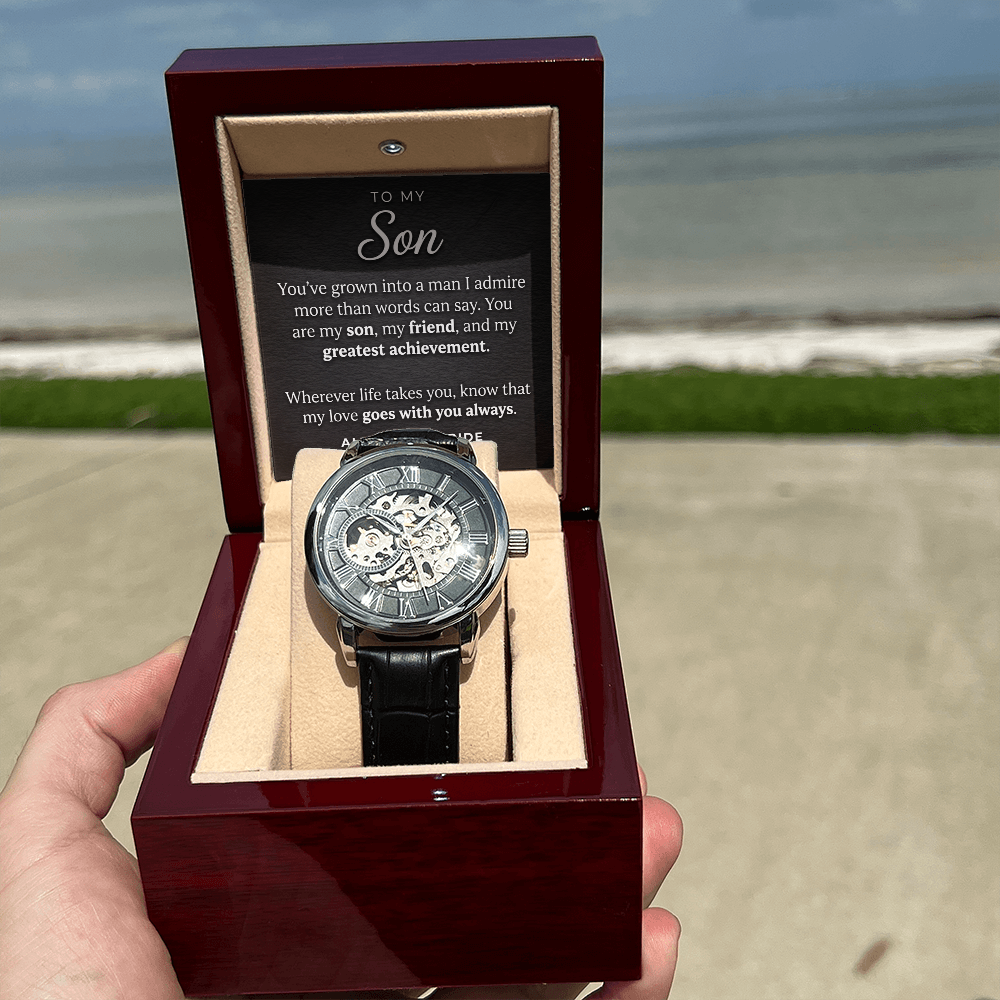 Openwork Automatic Watch for Son – Genuine Leather, Gift Boxed