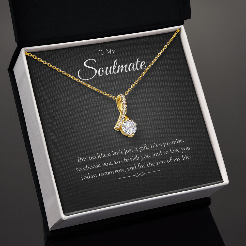 Alluring Beauty Necklace – Gold/White Ribbon Pendant with Cubic Zirconia