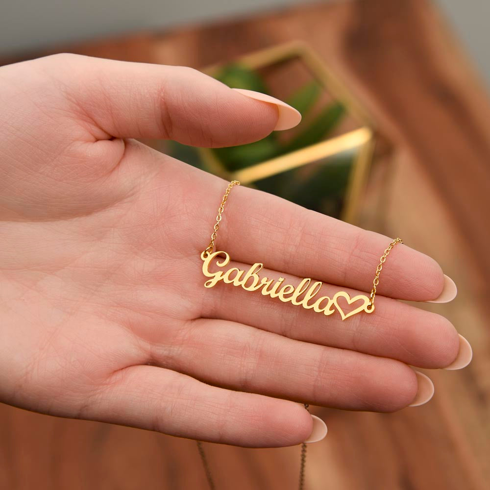 Personalized Heart Name Necklace – Custom Cursive Nameplate with Heart Charm