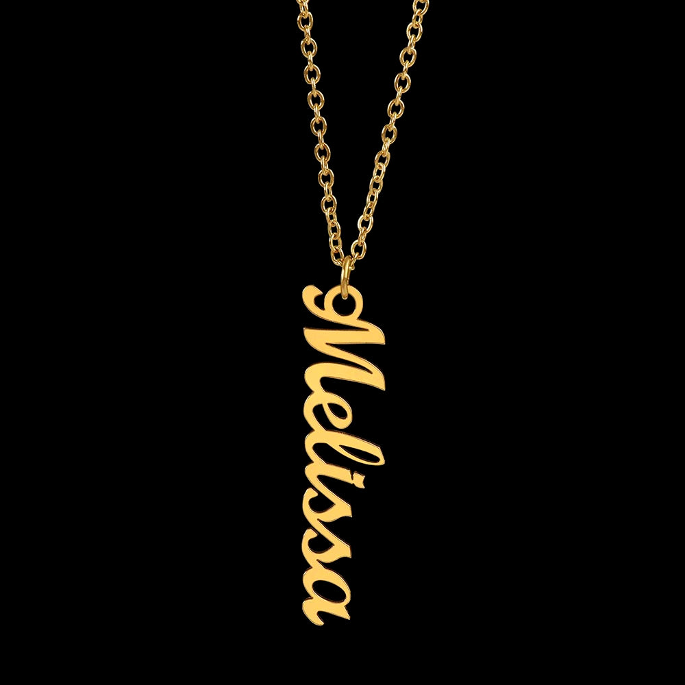 Personalized Vertical Name Necklace – Custom Cursive Nameplate Pendant