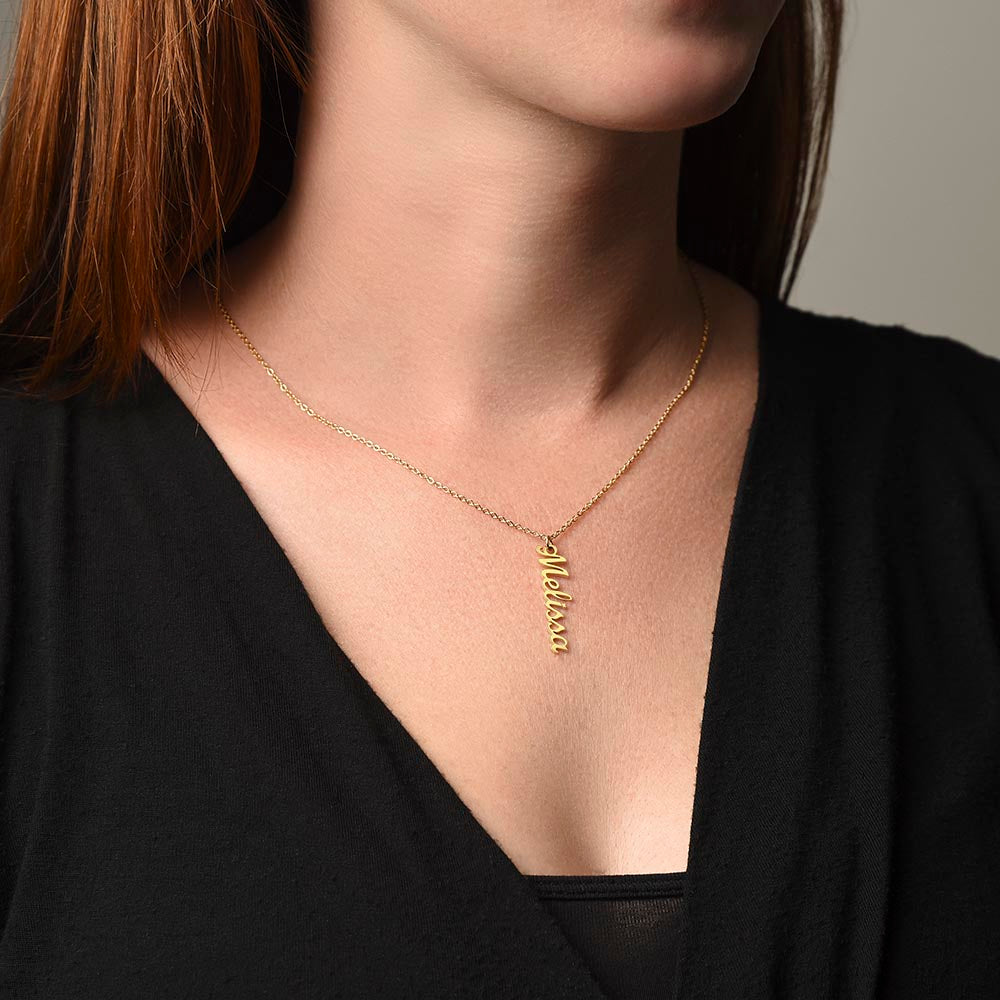 Personalized Vertical Name Necklace – Custom Cursive Nameplate Pendant