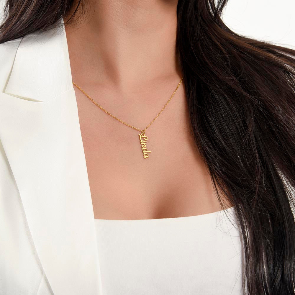 Personalized Vertical Name Necklace – Custom Cursive Nameplate Pendant