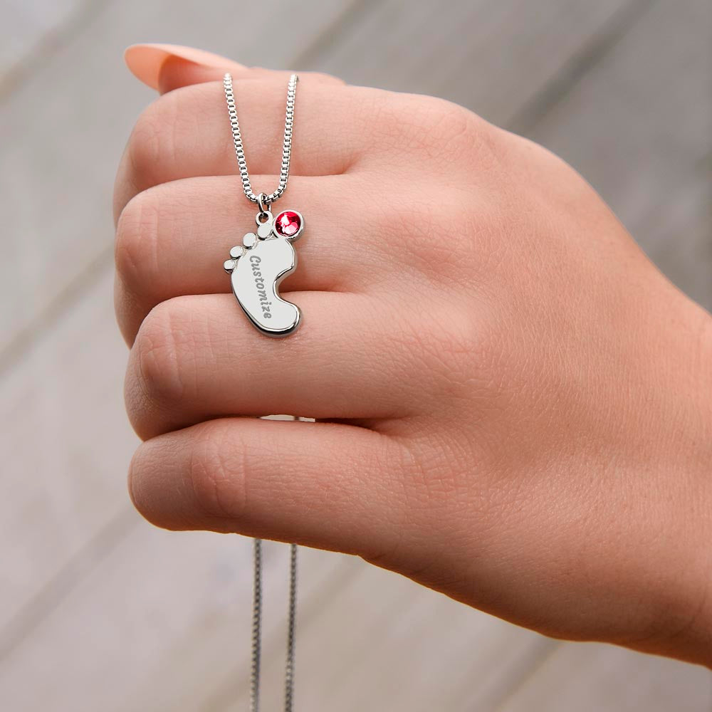 Custom Baby Feet Necklace with Birthstone – Personalized Name Pendant