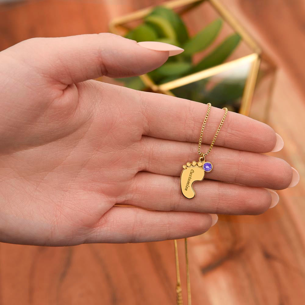 Custom Baby Feet Necklace with Birthstone – Personalized Name Pendant
