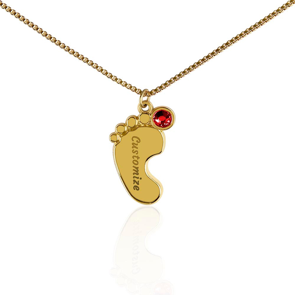 Custom Baby Feet Necklace with Birthstone – Personalized Name Pendant