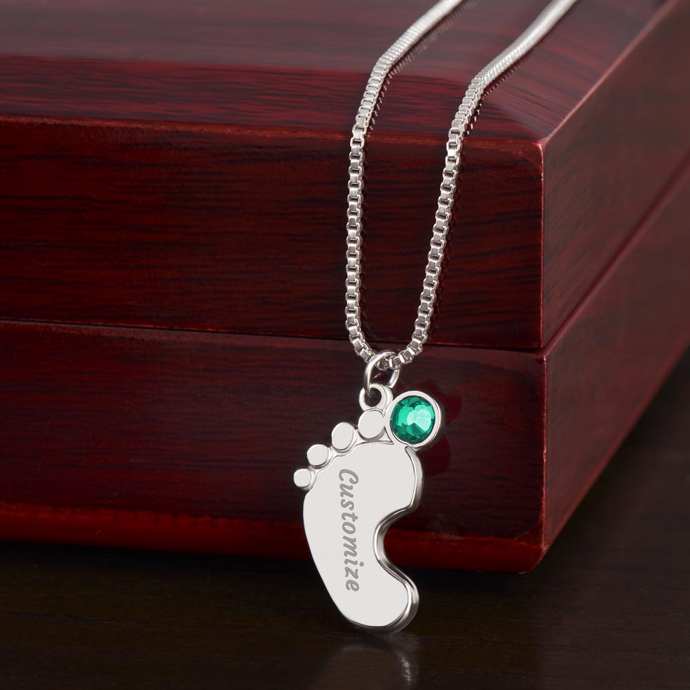 Custom Baby Feet Necklace with Birthstone – Personalized Name Pendant