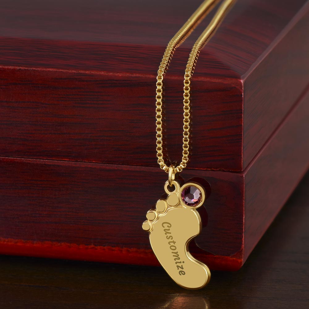 Custom Baby Feet Necklace with Birthstone – Personalized Name Pendant