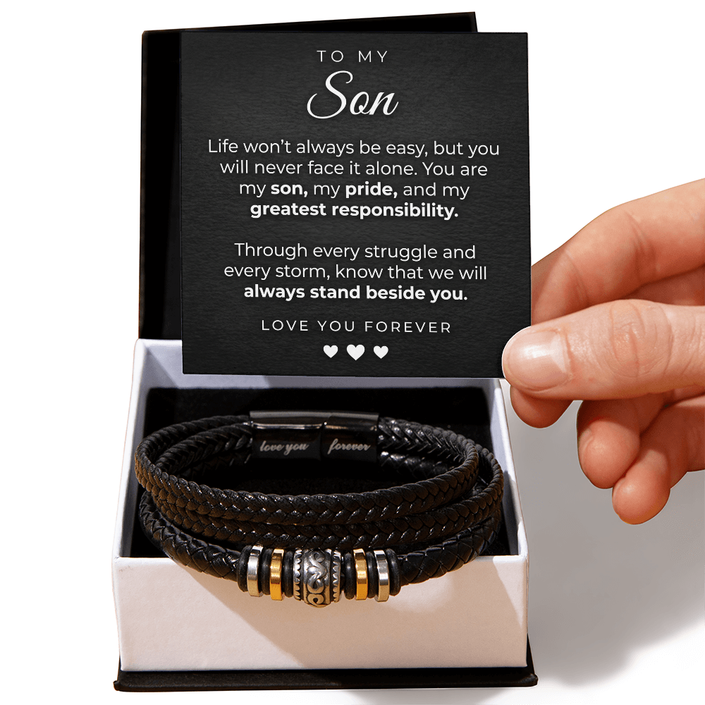 Engraved Love You Forever bracelet for son, braided vegan leather with stainless steel clasp