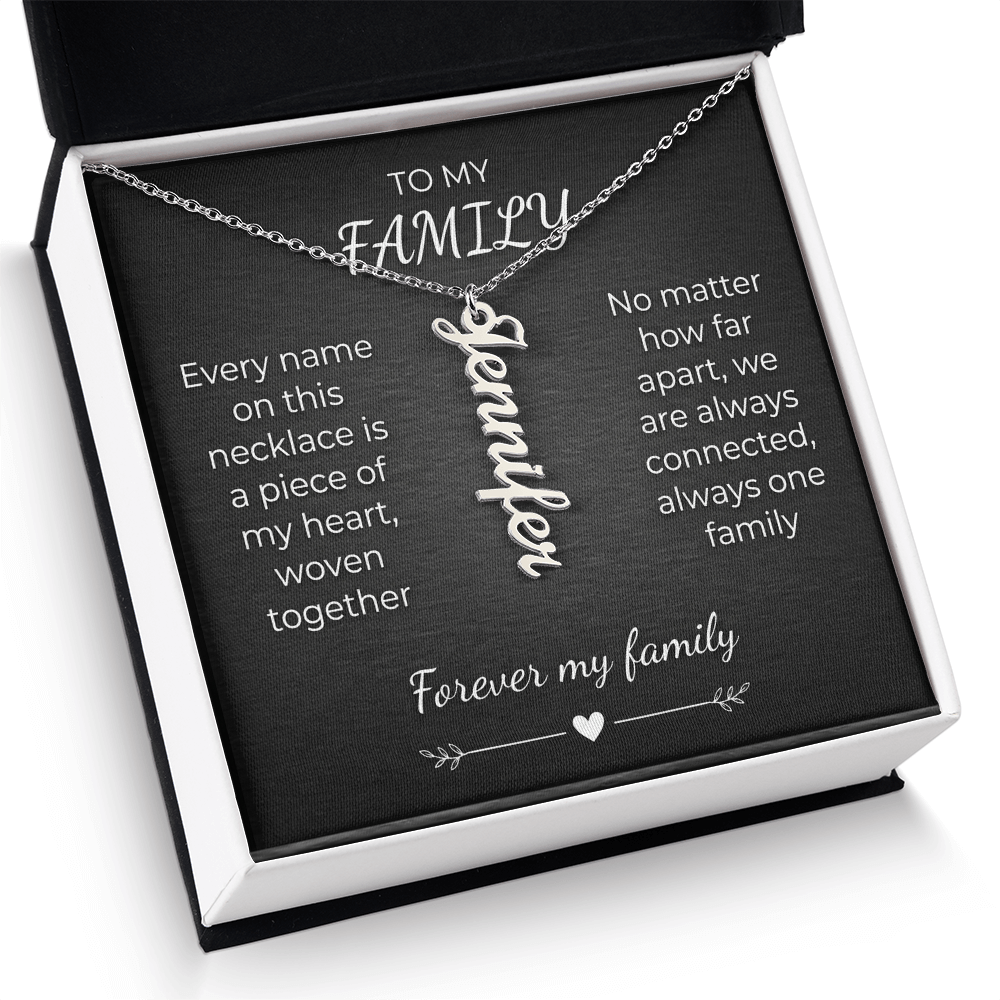 Custom Family Name Necklace – Vertical Cursive Pendant, Personalized Gift