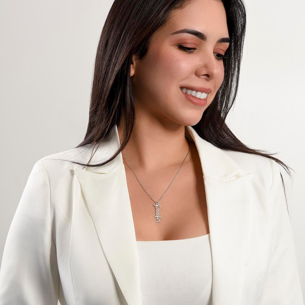 Custom Family Name Necklace – Vertical Cursive Pendant, Personalized Gift