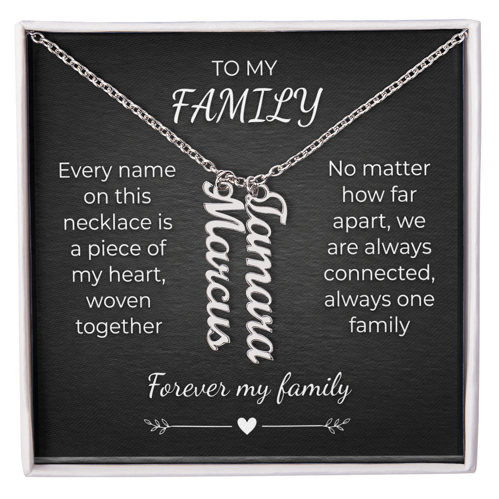 Custom Family Name Necklace – Vertical Cursive Pendant, Personalized Gift