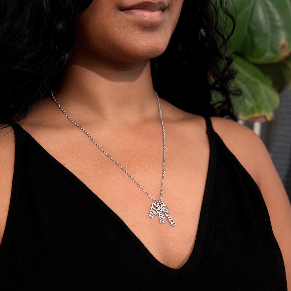Custom Family Name Necklace – Vertical Cursive Pendant, Personalized Gift