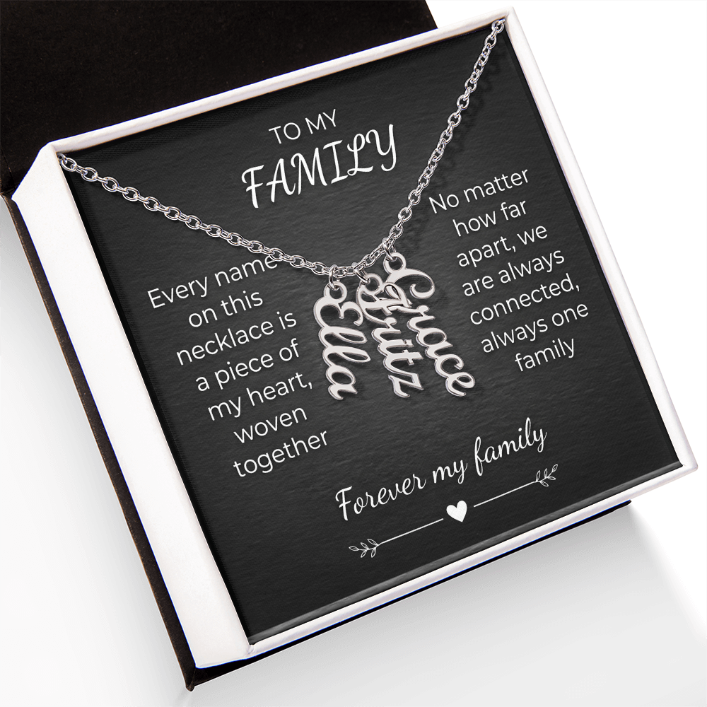 Custom Family Name Necklace – Vertical Cursive Pendant, Personalized Gift