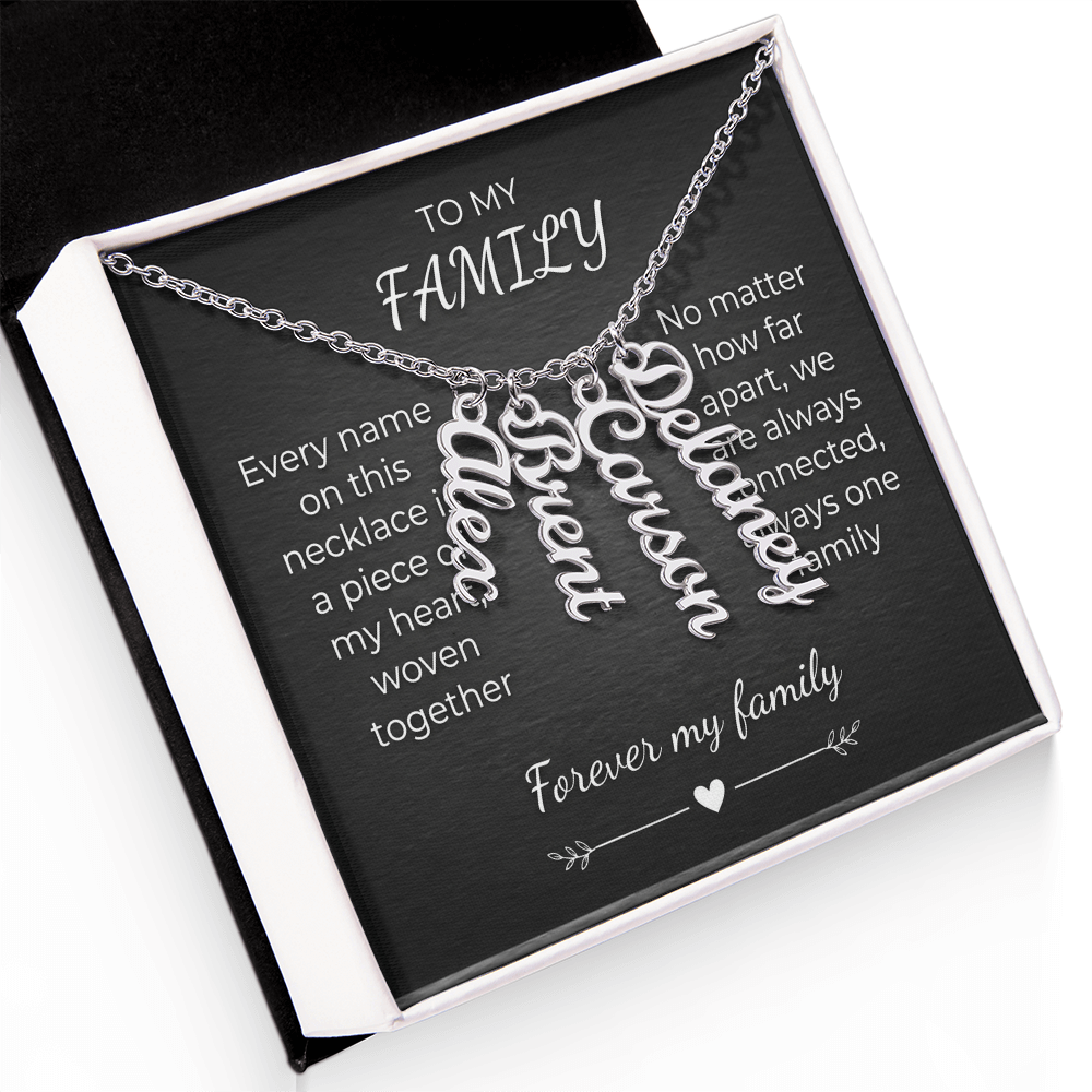 Custom Family Name Necklace – Vertical Cursive Pendant, Personalized Gift