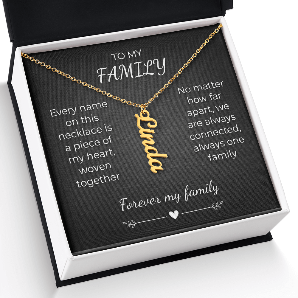 Custom Family Name Necklace – Vertical Cursive Pendant, Personalized Gift
