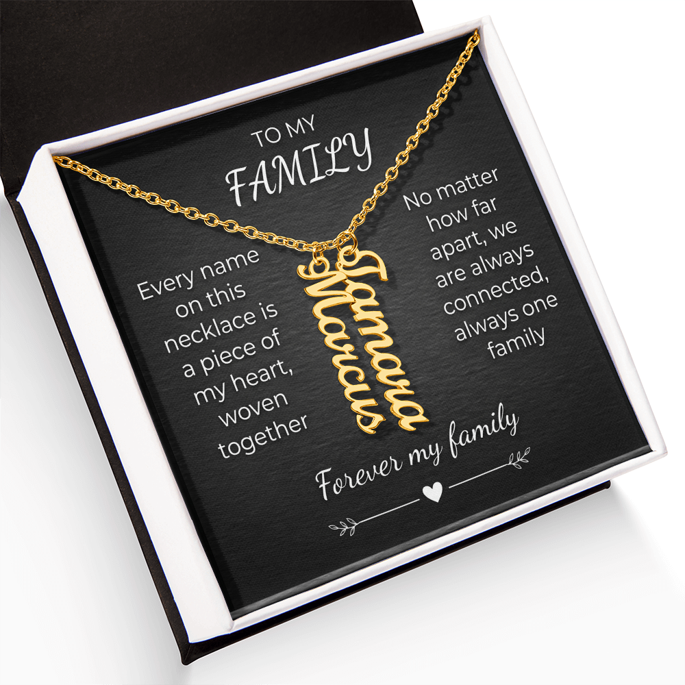 Custom Family Name Necklace – Vertical Cursive Pendant, Personalized Gift