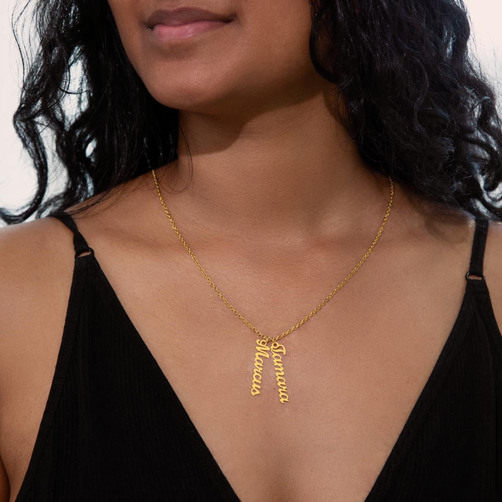 Custom Family Name Necklace – Vertical Cursive Pendant, Personalized Gift