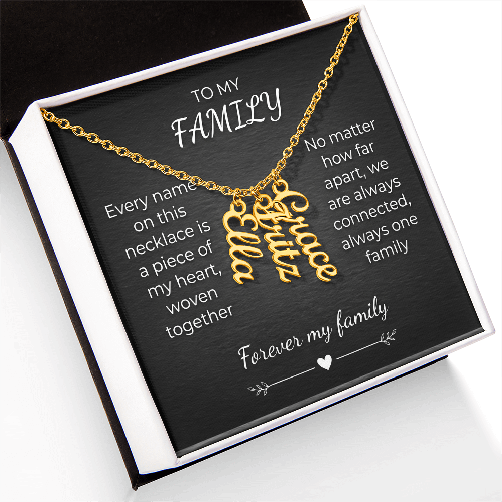 Custom Family Name Necklace – Vertical Cursive Pendant, Personalized Gift