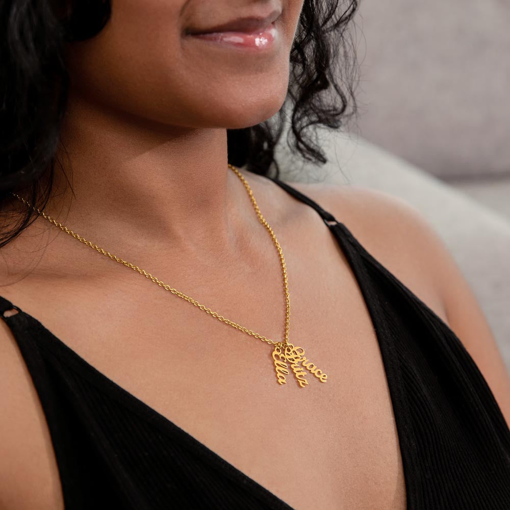 Custom Family Name Necklace – Vertical Cursive Pendant, Personalized Gift