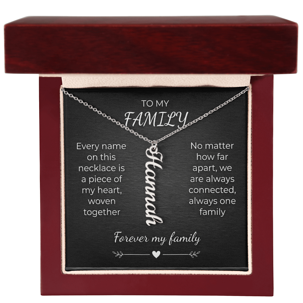 Custom Family Name Necklace – Vertical Cursive Pendant, Personalized Gift