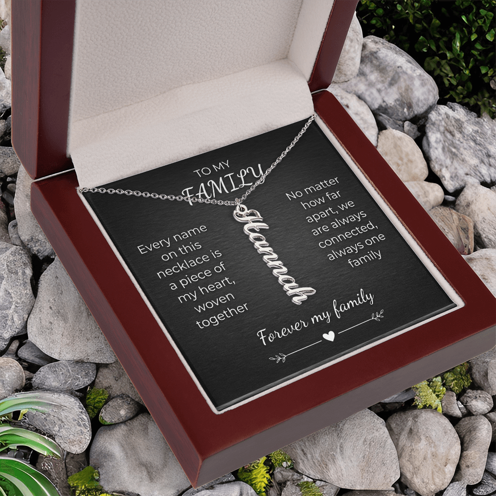 Custom Family Name Necklace – Vertical Cursive Pendant, Personalized Gift