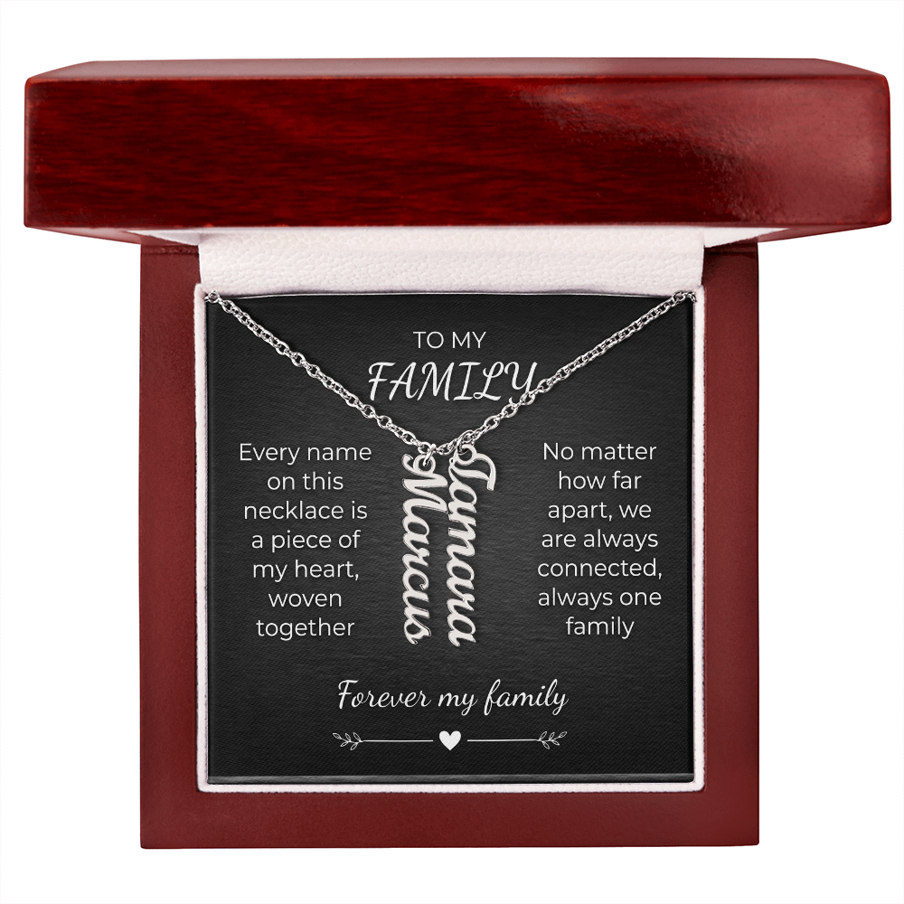 Custom Family Name Necklace – Vertical Cursive Pendant, Personalized Gift