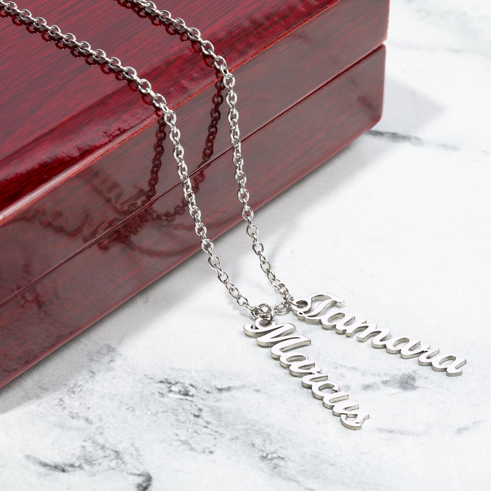 Custom Family Name Necklace – Vertical Cursive Pendant, Personalized Gift