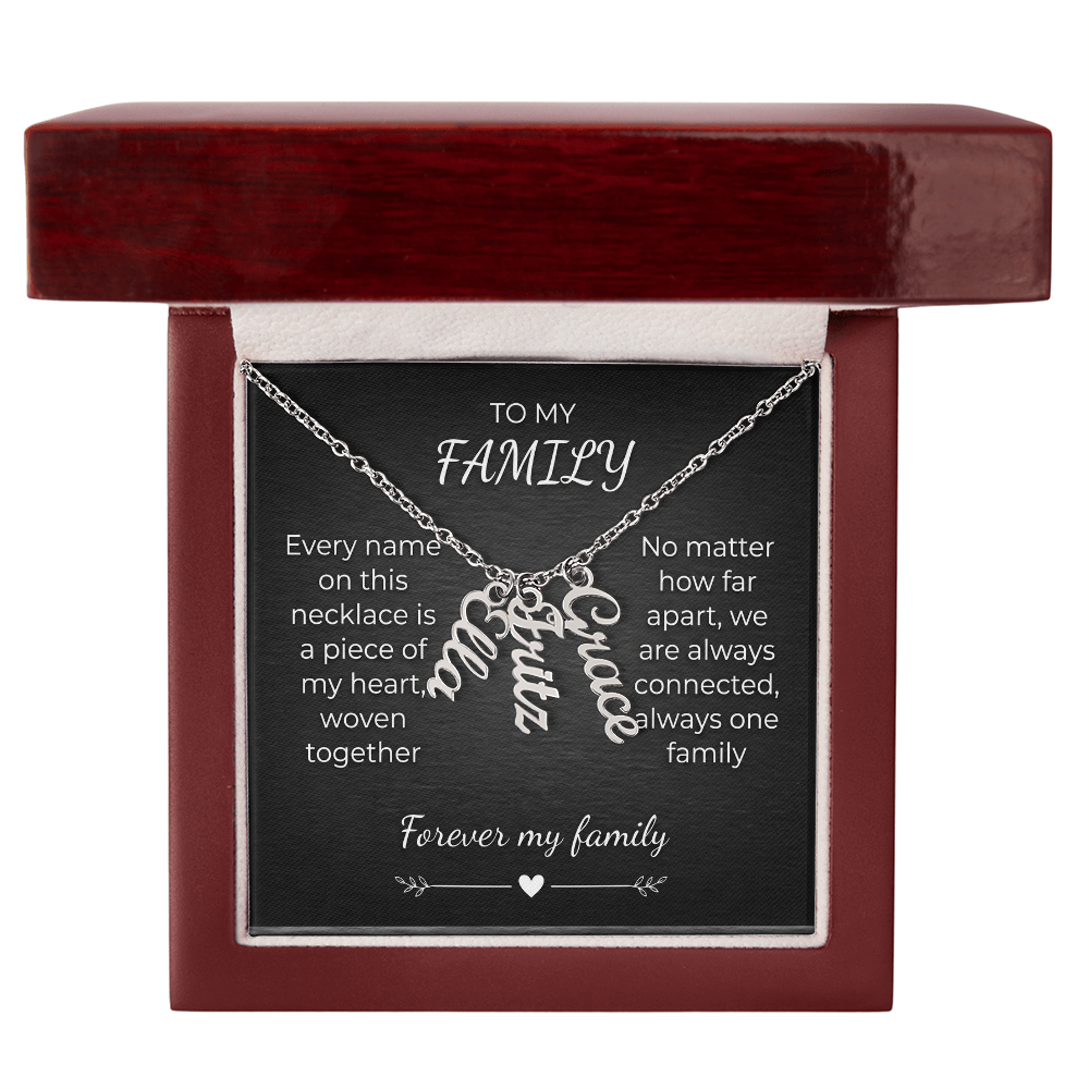Custom Family Name Necklace – Vertical Cursive Pendant, Personalized Gift