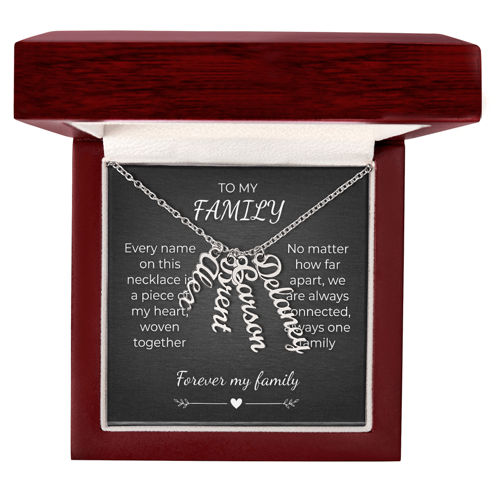 Custom Family Name Necklace – Vertical Cursive Pendant, Personalized Gift