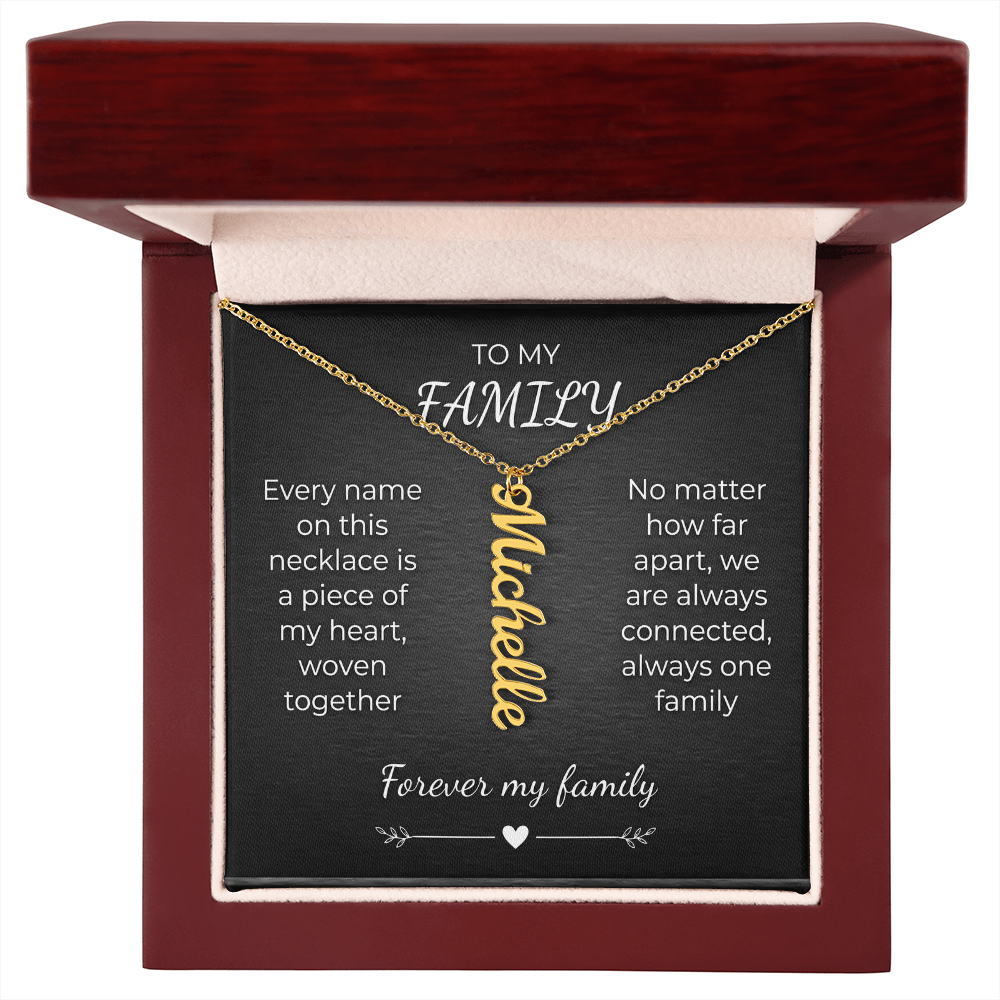 Custom Family Name Necklace – Vertical Cursive Pendant, Personalized Gift
