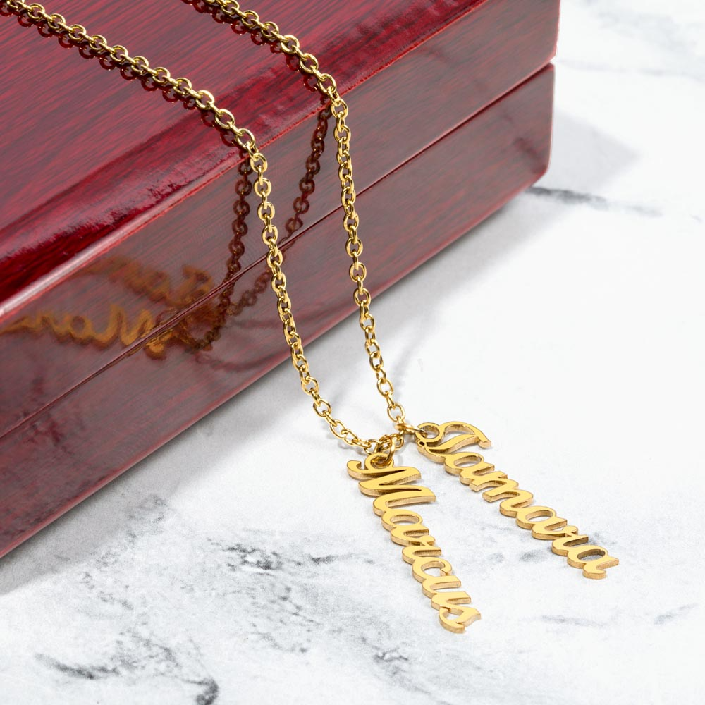 Custom Family Name Necklace – Vertical Cursive Pendant, Personalized Gift