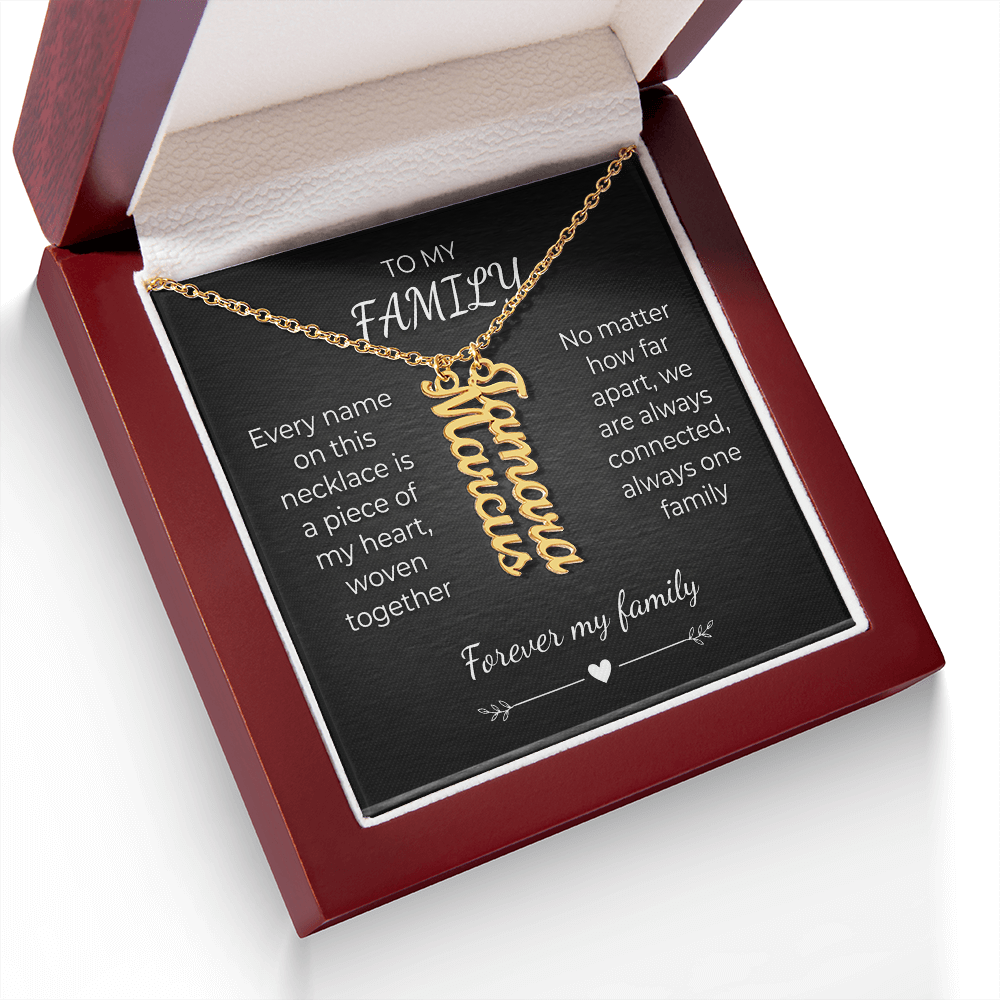 Custom Family Name Necklace – Vertical Cursive Pendant, Personalized Gift