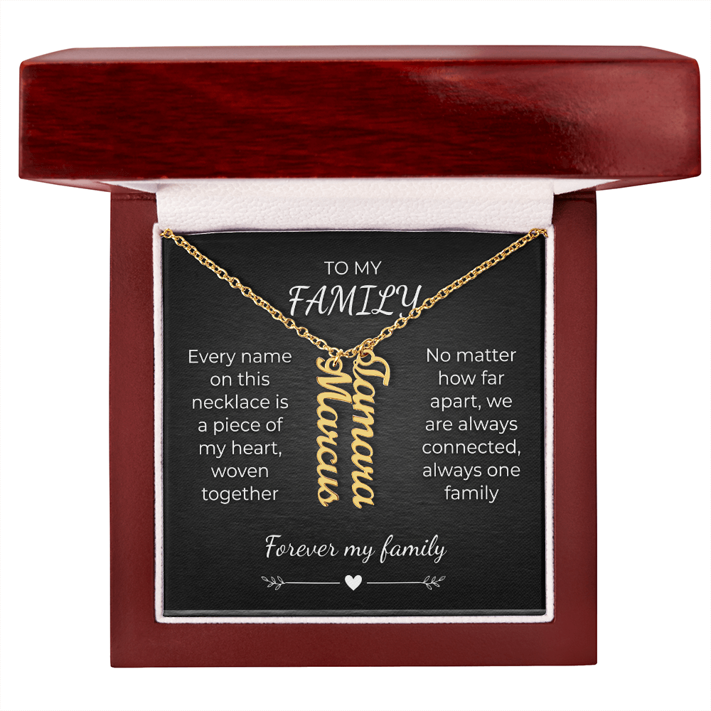 Custom Family Name Necklace – Vertical Cursive Pendant, Personalized Gift