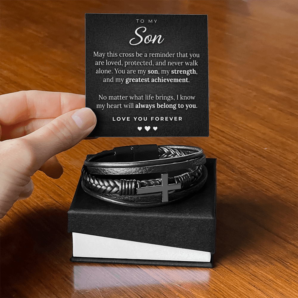 Men's Cross Leather Bracelet for Son – Braided Vegan Leather Keepsake
