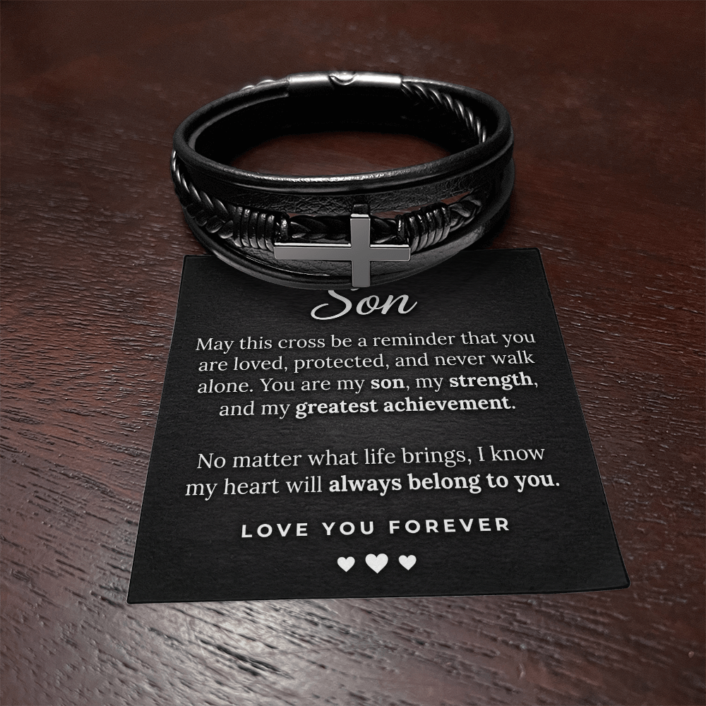Men's Cross Leather Bracelet for Son – Braided Vegan Leather Keepsake
