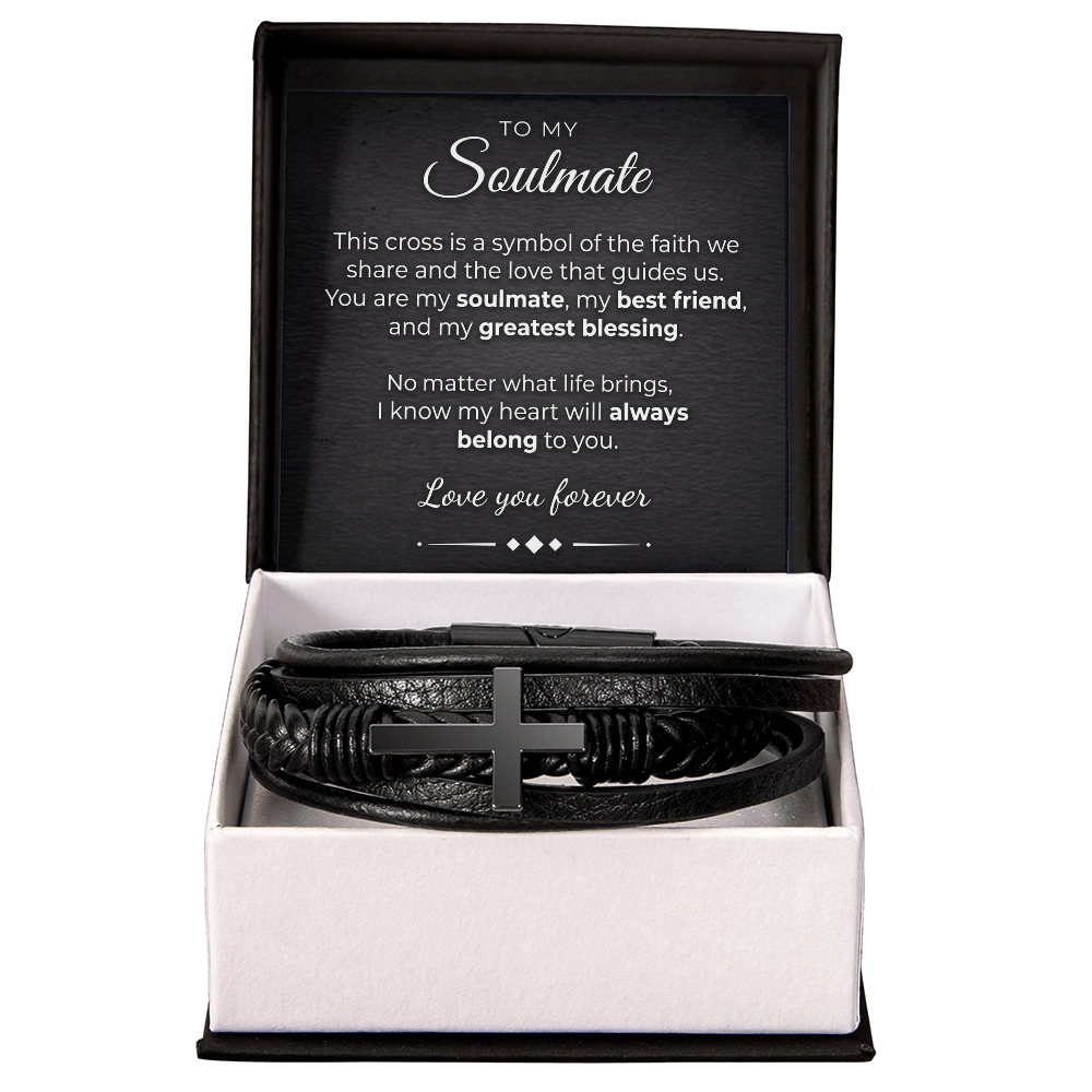 Men's Cross Leather Bracelet for Soulmate – Braided Vegan Leather Keepsake