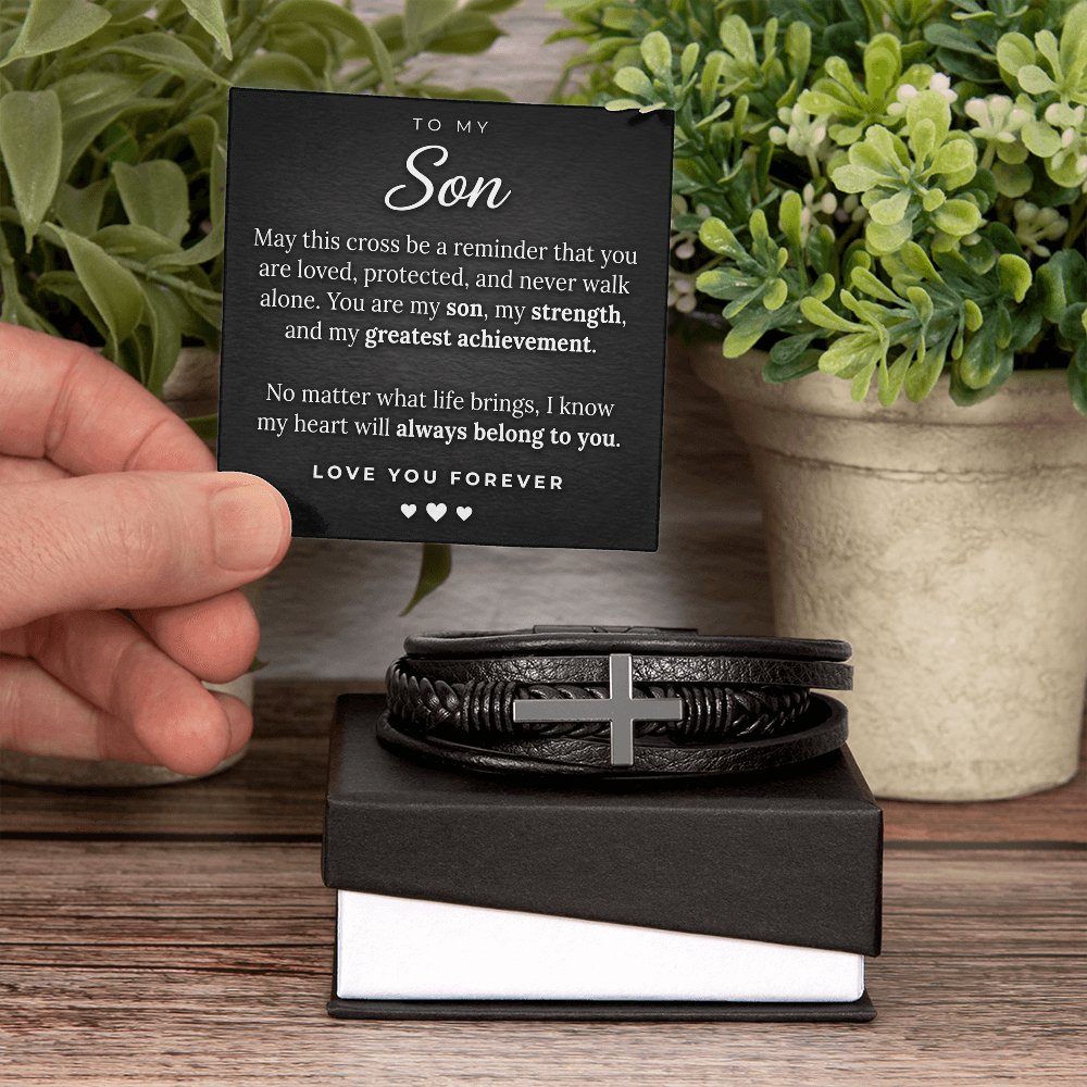Men's Cross Leather Bracelet for Son – Braided Vegan Leather Keepsake
